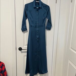 Banana Republic Teal Long-Sleeve Button-Front Maxi Dress